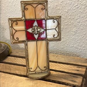 Stained Glass Look Cross Candleholder w/brass Accents, Cottage CoreShabby Chic
